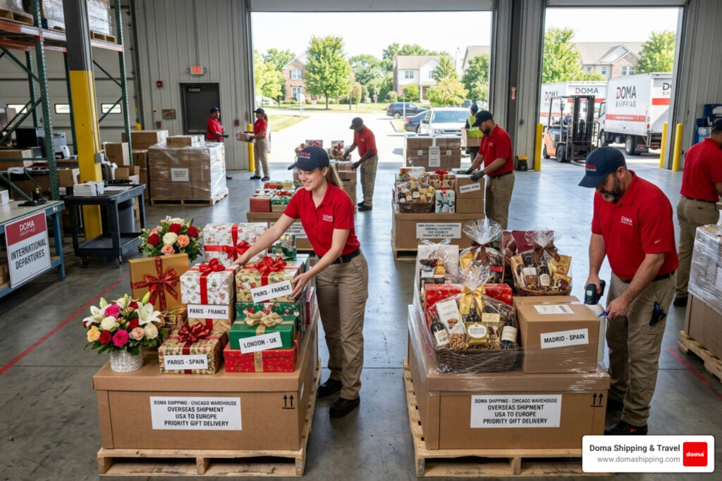 international gift delivery packages prepared for overseas shipping from USA to Europe - international gift delivery