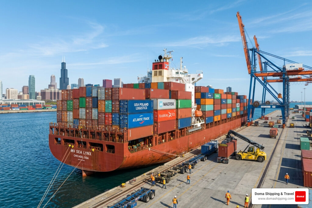 USA Poland logistics services cargo vessel at Chicago port - USA Poland logistics services
