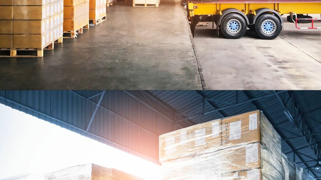 Boxes stacked on pallets inside a warehouse with a truck.