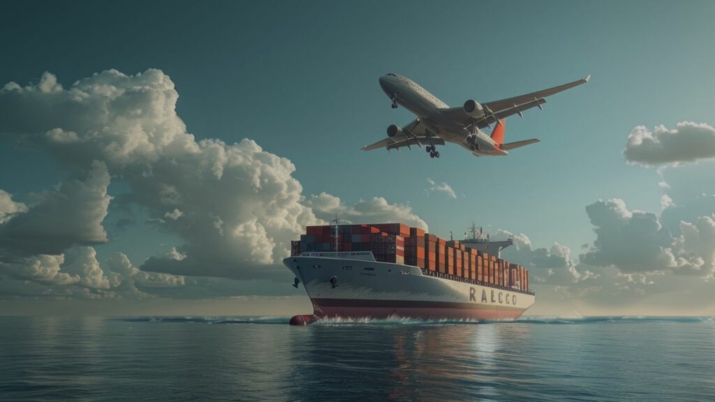 Cargo ship and airplane travel across the ocean under cloudy skies.