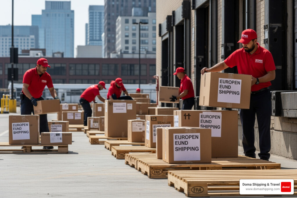 US to Europe shipping workers loading international parcels at Chicago warehouse