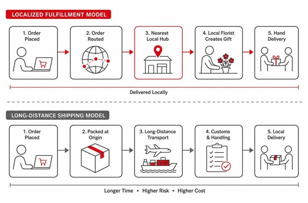 A diagram illustrating the localized fulfillment model versus long-distance shipping