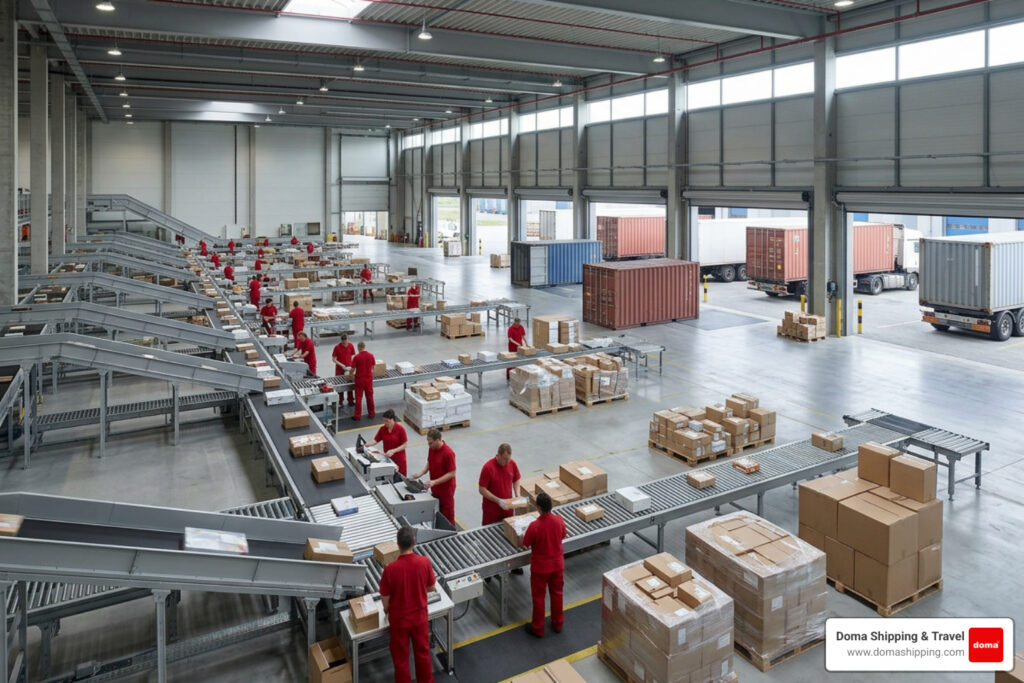 Royal Mail international tracked parcel sorting facility global logistics