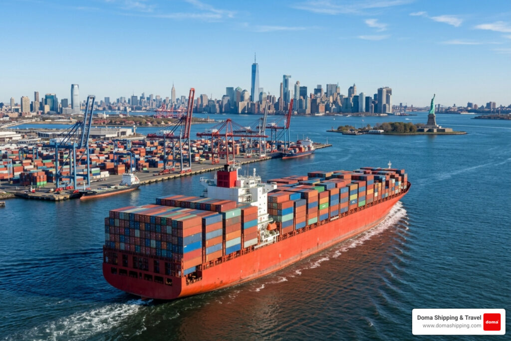 FCL LCL logistics container ship departing US port loaded with cargo bound for Europe - fcl lcl logistics